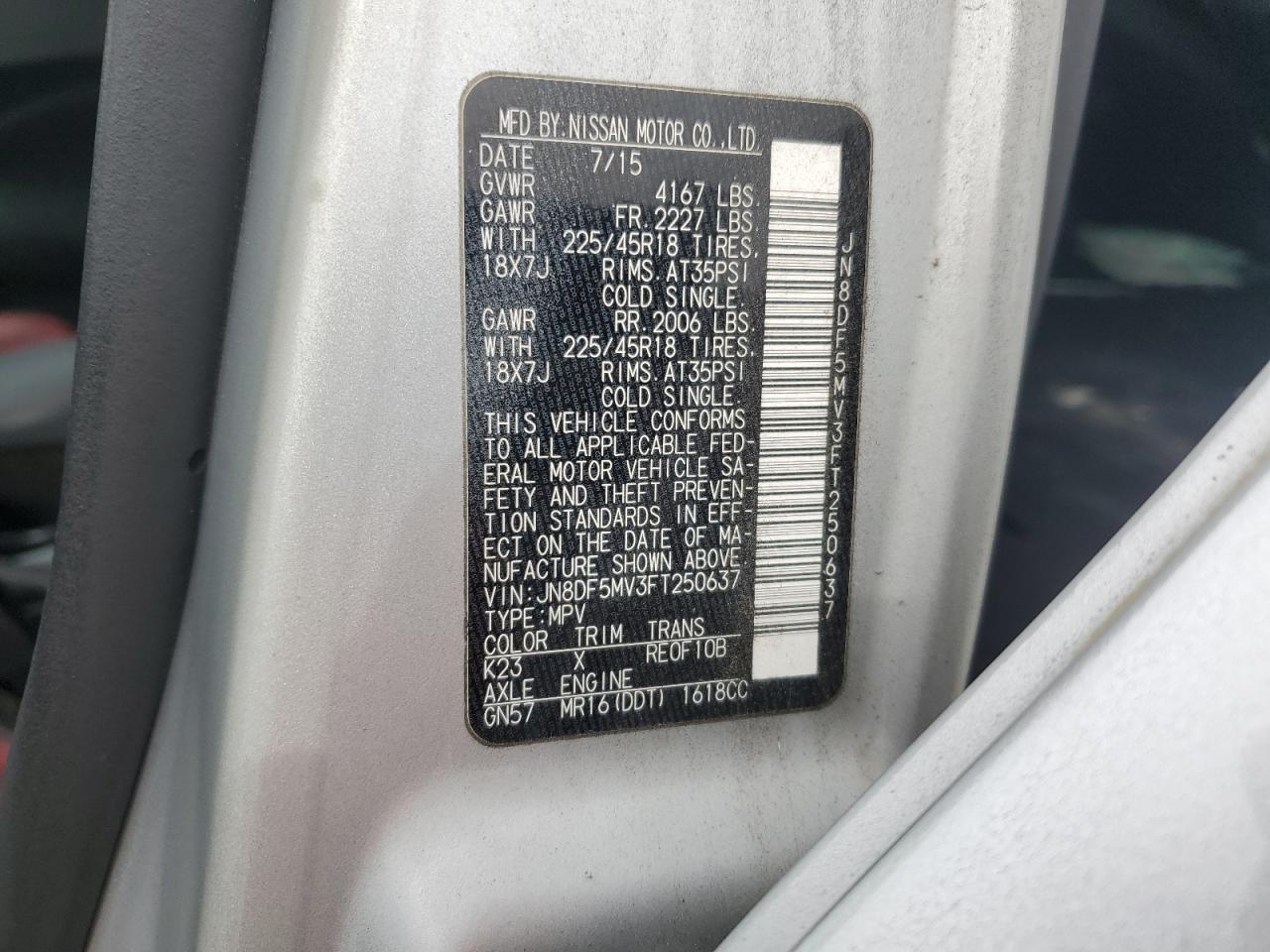 2015 Nissan Juke Nismo Rs VIN: JN8DF5MV3FT250637 Lot: 82412665