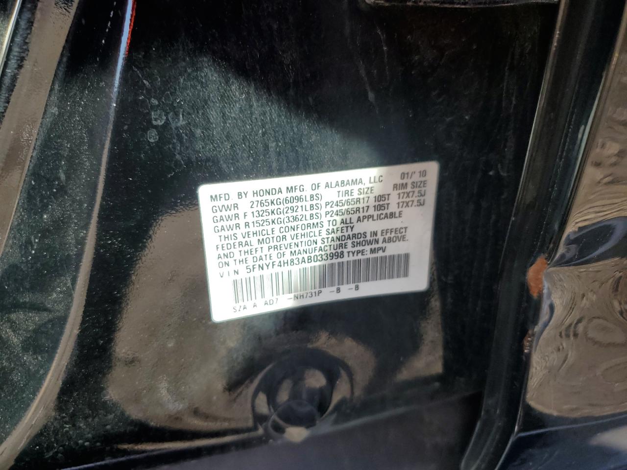 2010 Honda Pilot Touring VIN: 5FNYF4H83AB033998 Lot: 85347245