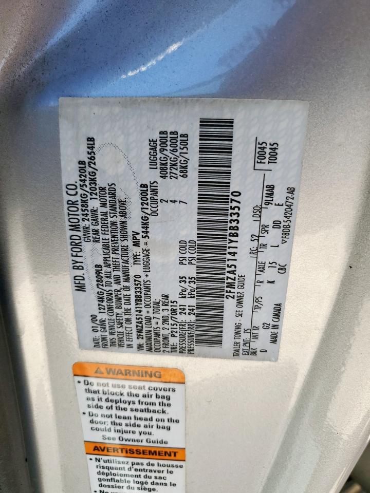 2000 Ford Windstar Lx VIN: 2FMZA5141YBB33570 Lot: 85761225