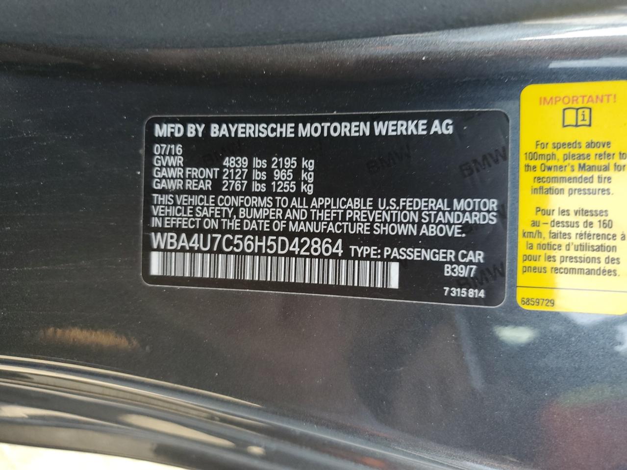 2017 BMW 430I VIN: WBA4U7C56H5D42864 Lot: 85533365