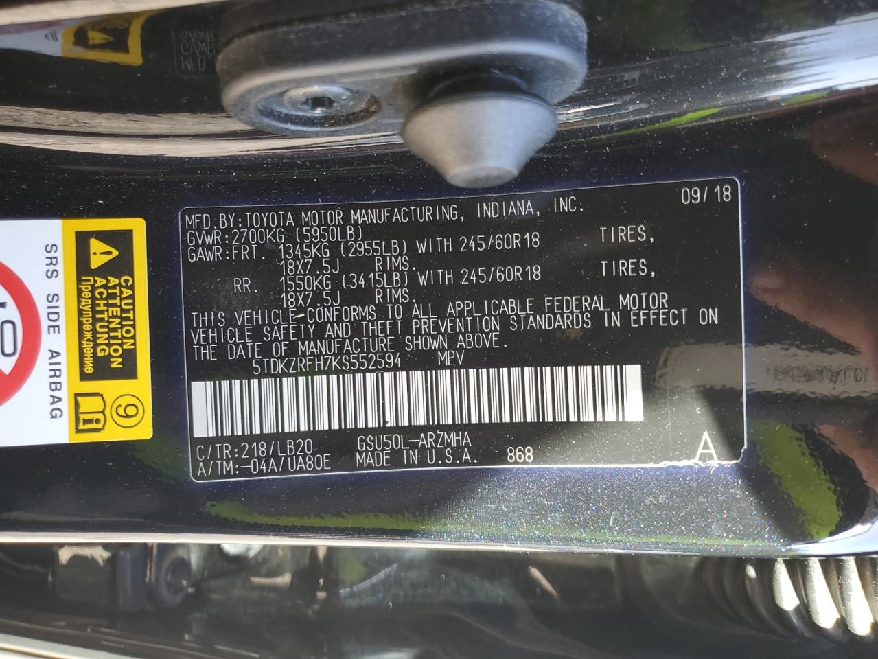 2019 Toyota Highlander Se VIN: 5TDKZRFH7KS552594 Lot: 85189935