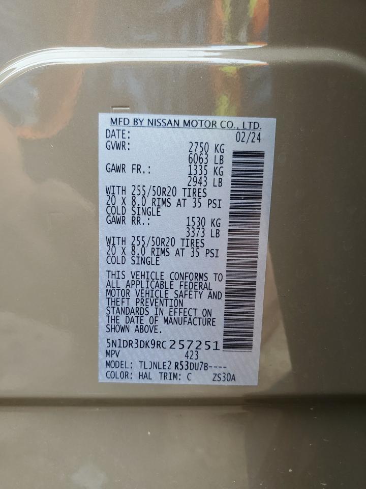 2024 Nissan Pathfinder Platinum VIN: 5N1DR3DK9RC257251 Lot: 86116315