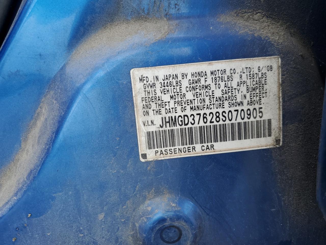 2008 Honda Fit Sport VIN: JHMGD37628S070905 Lot: 82203055