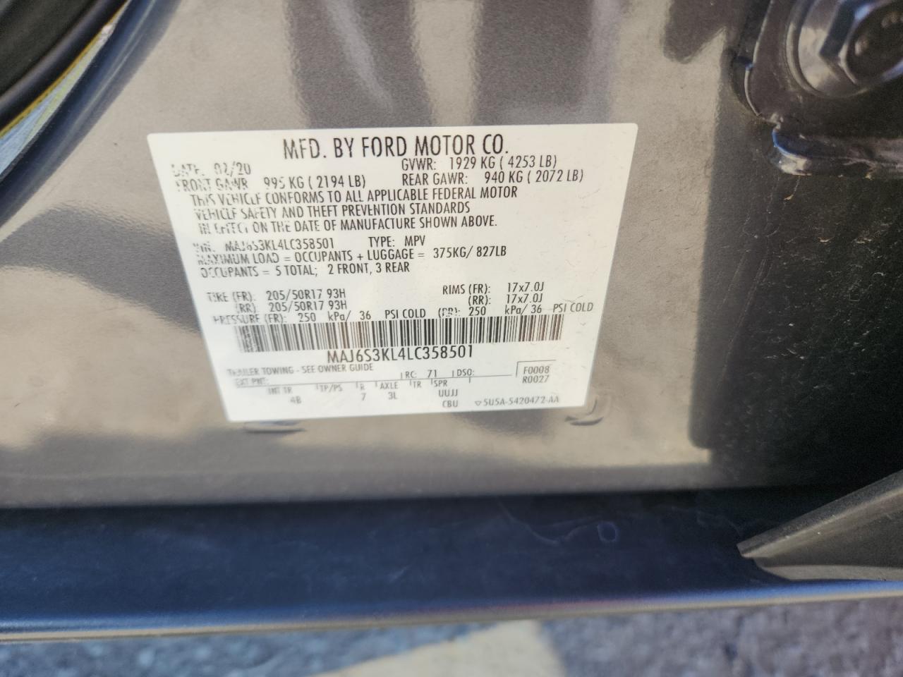 2020 Ford Ecosport Titanium VIN: MAJ6S3KL4LC358501 Lot: 89479655