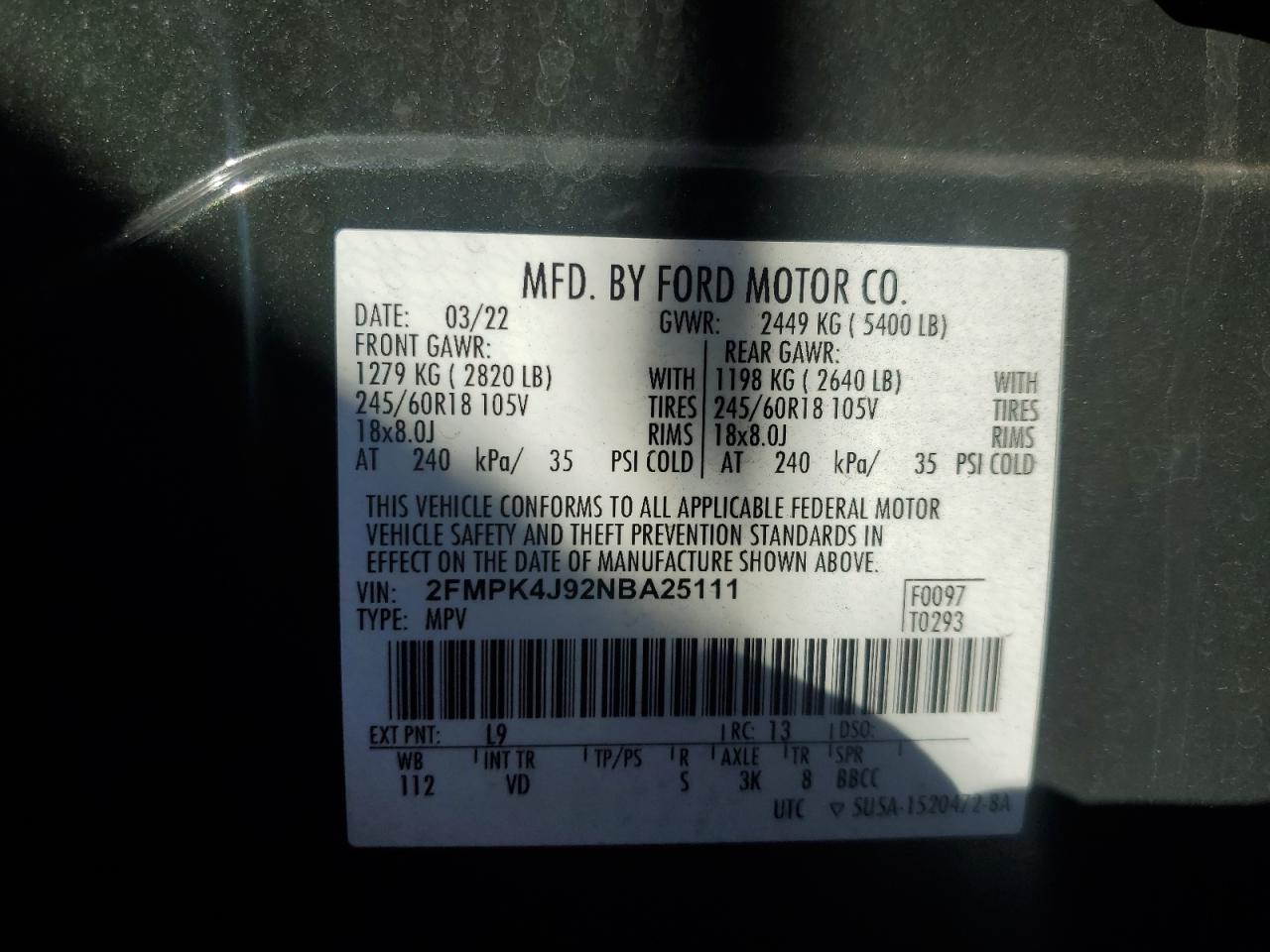 2022 Ford Edge Sel VIN: 2FMPK4J92NBA25111 Lot: 84560015