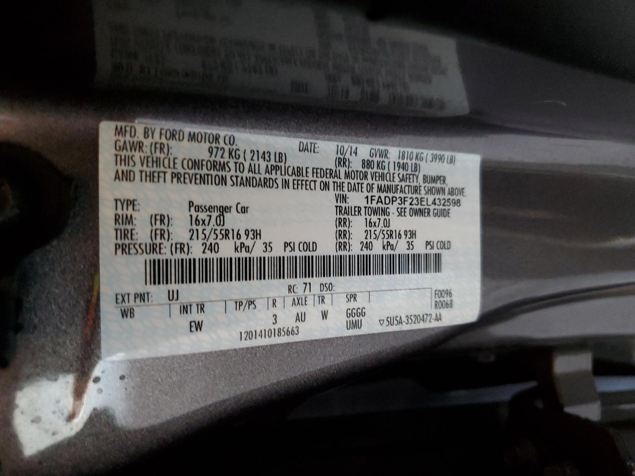 2014 Ford Focus Se VIN: 1FADP3F23EL432598 Lot: 84978035