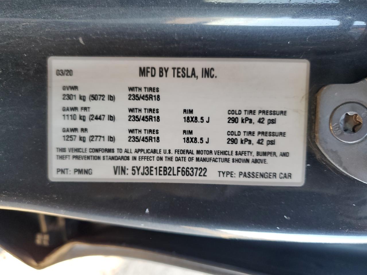 2020 Tesla Model 3 VIN: 5YJ3E1EB2LF663722 Lot: 86507075