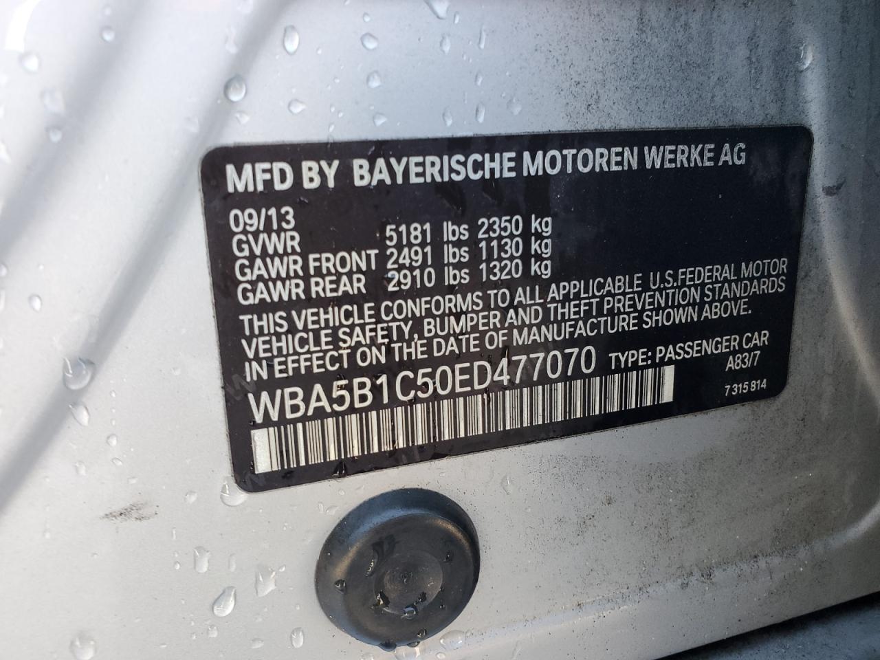 2014 BMW 535 I VIN: WBA5B1C50ED477070 Lot: 85574655