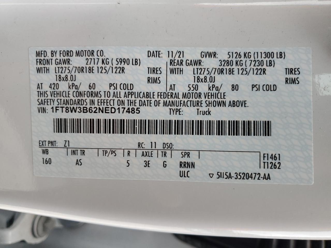 2022 Ford F350 Super Duty VIN: 1FT8W3B62NED17485 Lot: 89823895