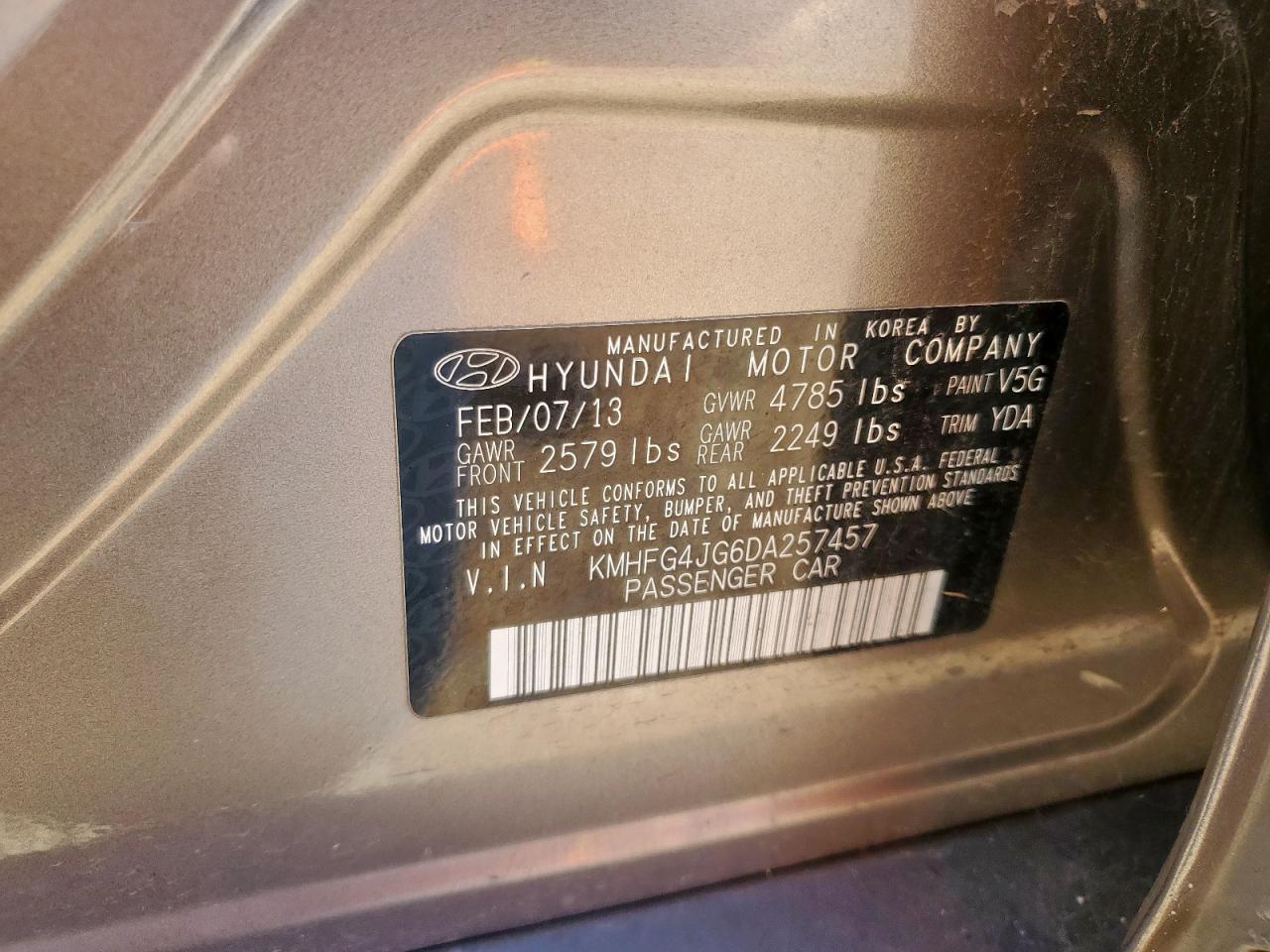 2013 Hyundai Azera VIN: KMHFG4JG6DA257457 Lot: 90402105