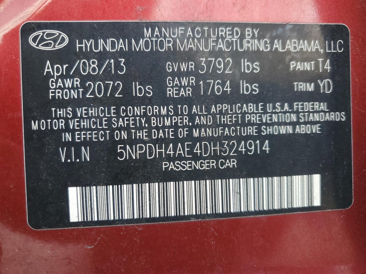 2013 Hyundai Elantra Gls VIN: 5NPDH4AE4DH324914 Lot: 85712105
