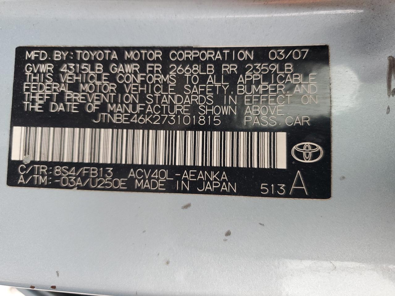 2007 Toyota Camry Ce VIN: JTNBE46K273101815 Lot: 85076575