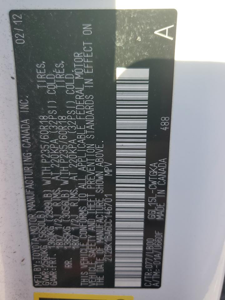 2012 Lexus Rx 350 VIN: 2T2BK1BA6CC146701 Lot: 84917875