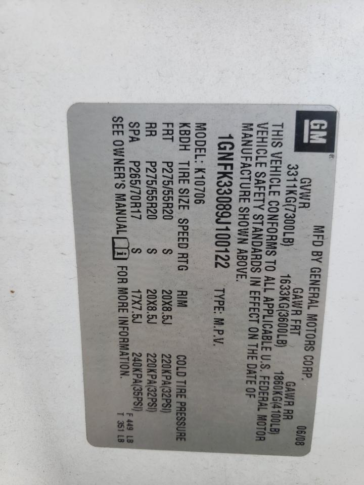 2009 Chevrolet Tahoe K1500 Ltz VIN: 1GNFK33089J100122 Lot: 85353205