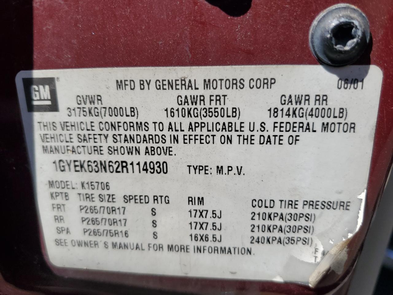 2002 Cadillac Escalade Luxury VIN: 1GYEK63N62R114930 Lot: 84051885