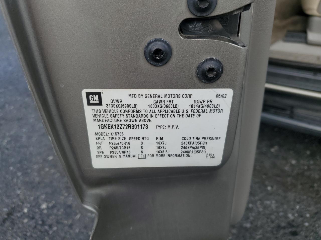 2002 GMC Yukon VIN: 1GKEK13Z72R301173 Lot: 85836955