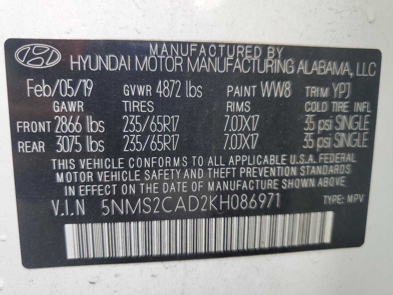 2019 Hyundai Santa Fe Se VIN: 5NMS2CAD2KH086971 Lot: 86633865