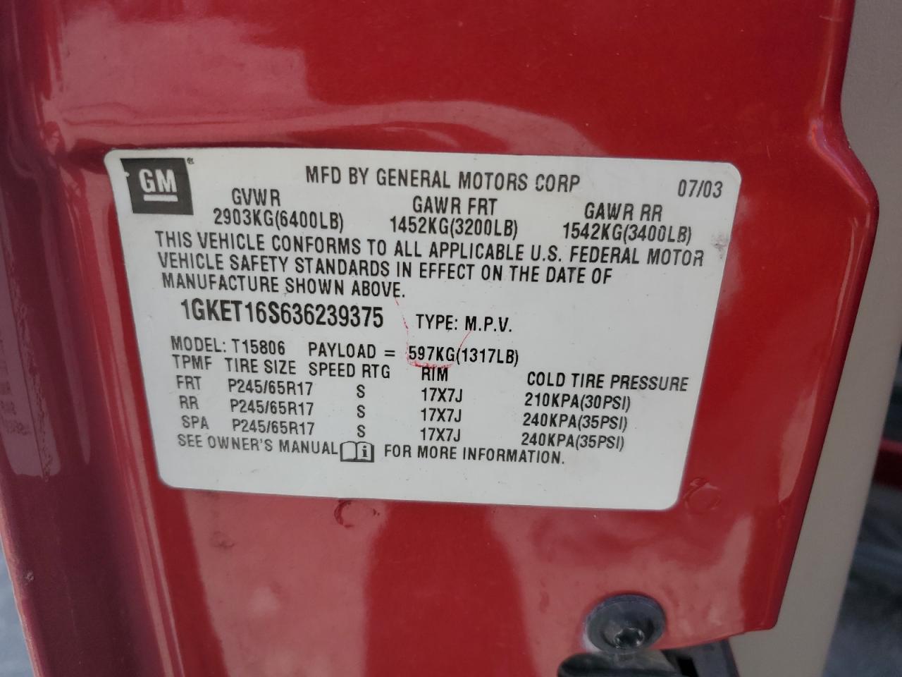 2003 GMC Envoy Xl VIN: 1GKET16S636239375 Lot: 84929245