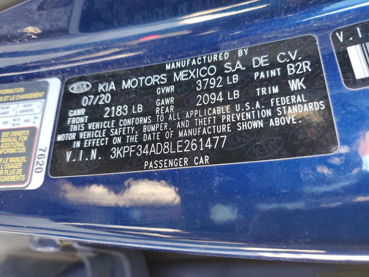 2020 Kia Forte Gt Line VIN: 3KPF34AD8LE261477 Lot: 87256395