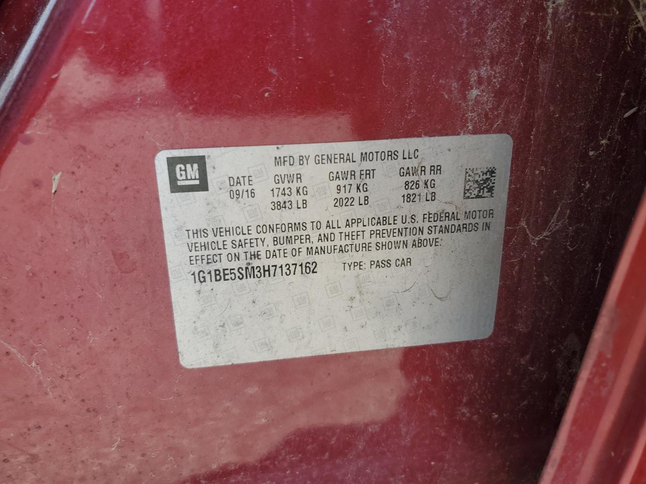 2017 Chevrolet Cruze Lt VIN: 1G1BE5SM3H7137162 Lot: 86055885