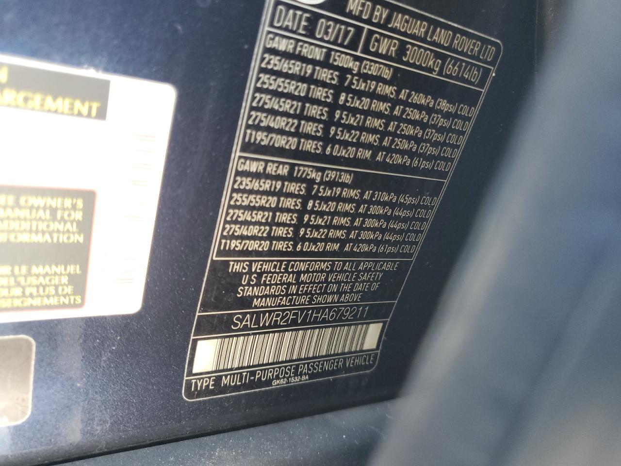 2017 Land Rover Range Rover Sport Hse VIN: SALWR2FV1HA679211 Lot: 82265555