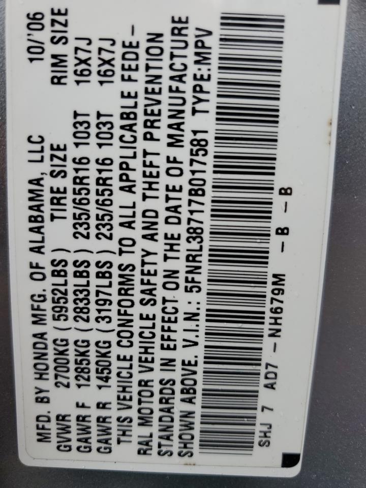 2007 Honda Odyssey Exl VIN: 5FNRL38717B017581 Lot: 85908805