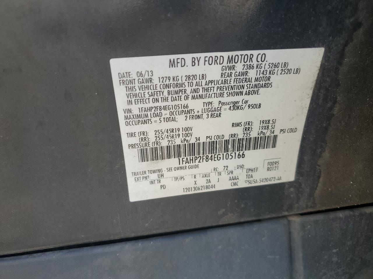 2014 Ford Taurus Limited VIN: 1FAHP2F84EG105166 Lot: 86218935