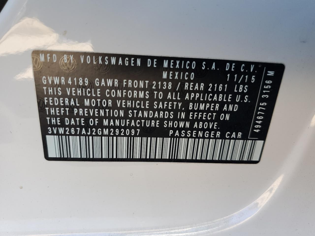 2016 Volkswagen Jetta S VIN: 3VW267AJ2GM292097 Lot: 84543815