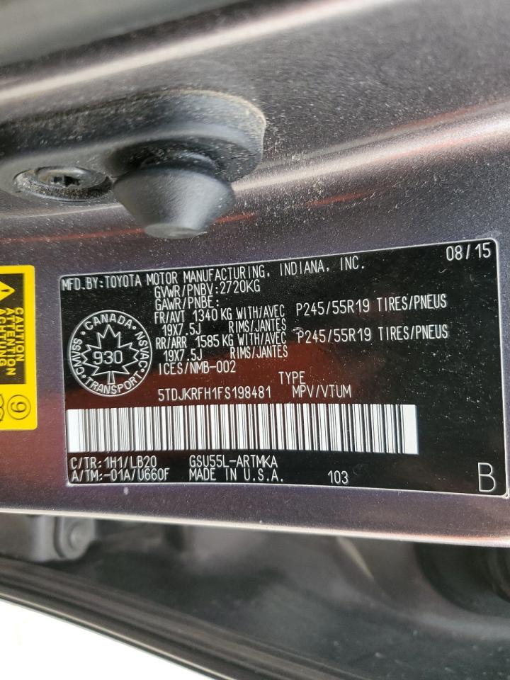 2015 Toyota Highlander Xle VIN: 5TDJKRFH1FS198481 Lot: 85155275