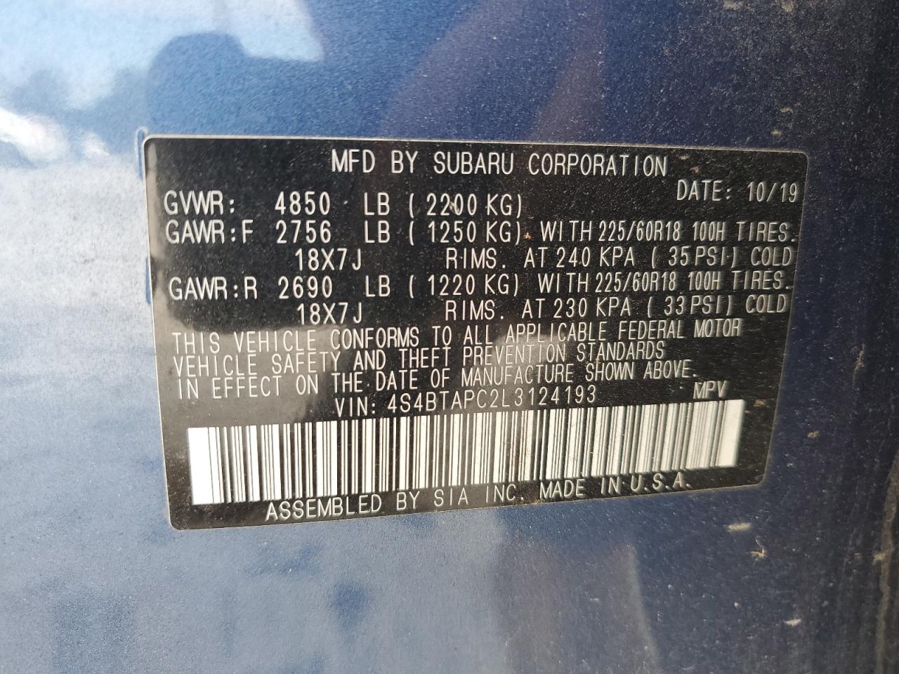 2020 Subaru Outback Touring VIN: 4S4BTAPC2L3124193 Lot: 81891095