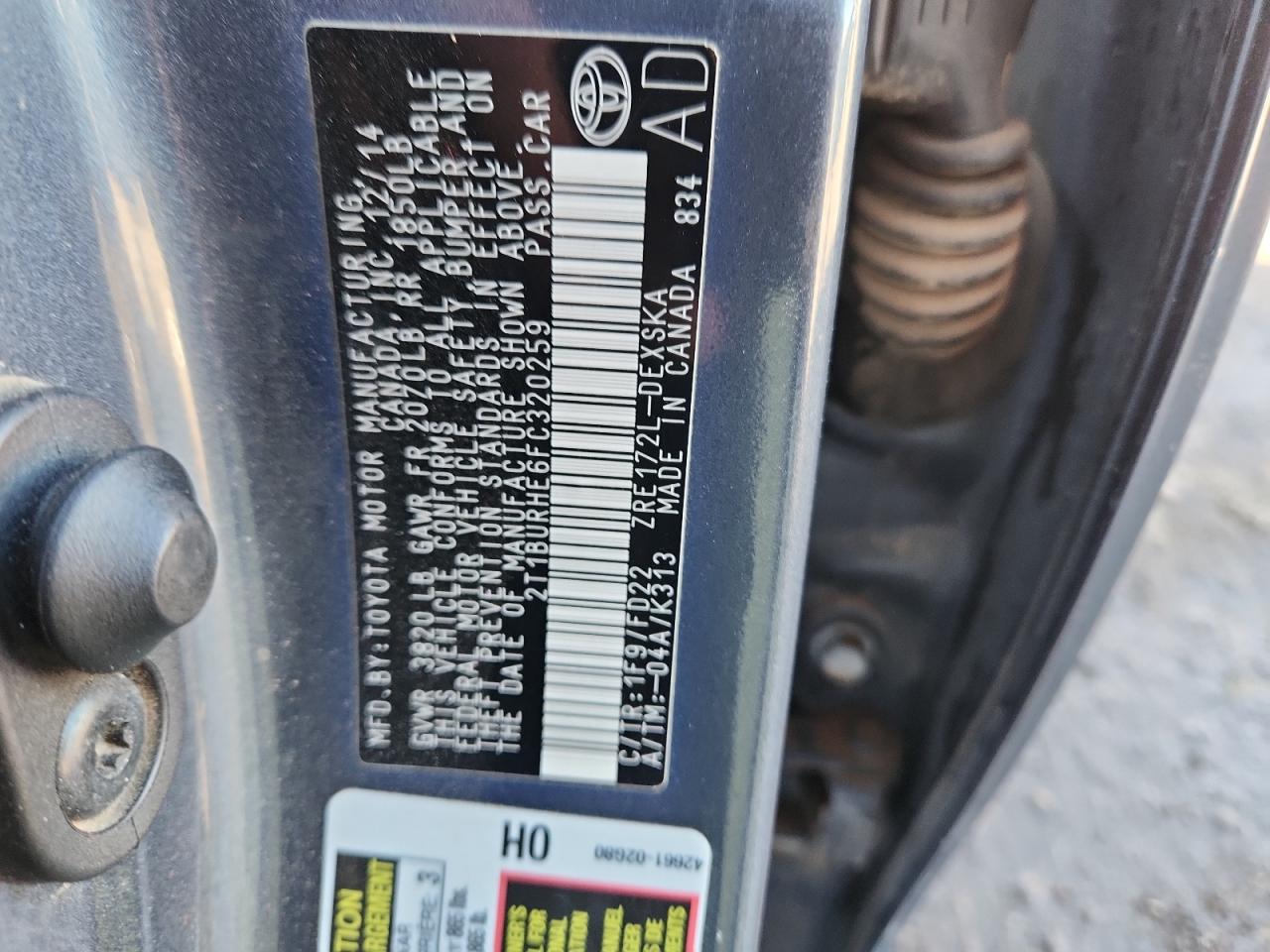 2015 Toyota Corolla L VIN: 2T1BURHE6FC320259 Lot: 84871715