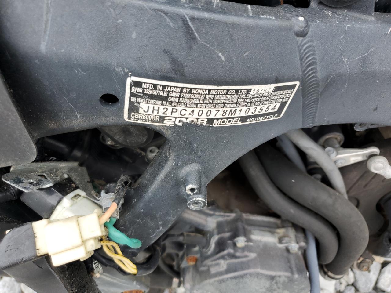2008 Honda Cbr600 Rr VIN: JH2PC40078M103554 Lot: 85477045