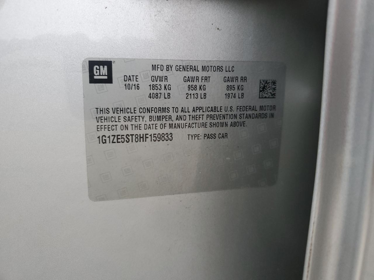 2017 Chevrolet Malibu Lt VIN: 1G1ZE5ST8HF159833 Lot: 86110975