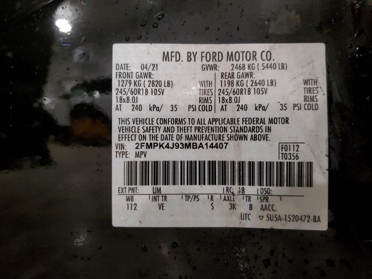2021 Ford Edge Sel VIN: 2FMPK4J93MBA14407 Lot: 82460935