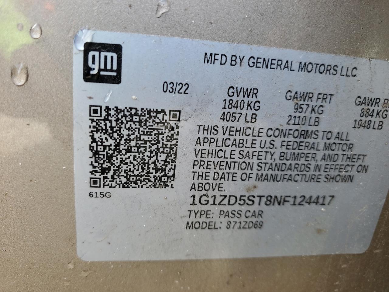 2022 Chevrolet Malibu Lt VIN: 1G1ZD5ST8NF124417 Lot: 70572385