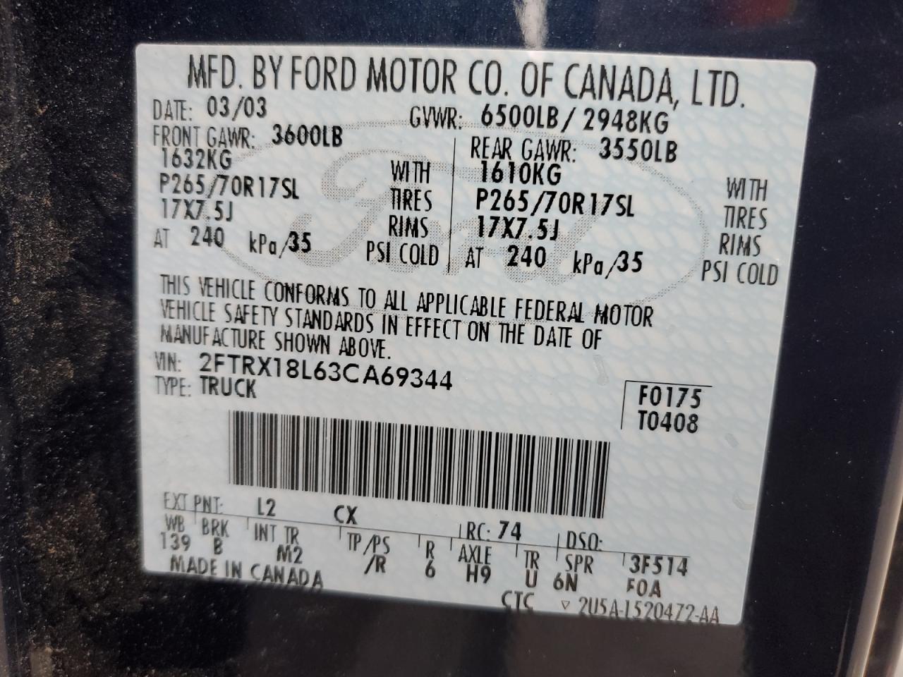 2003 Ford F150 VIN: 2FTRX18L63CA69344 Lot: 90930075