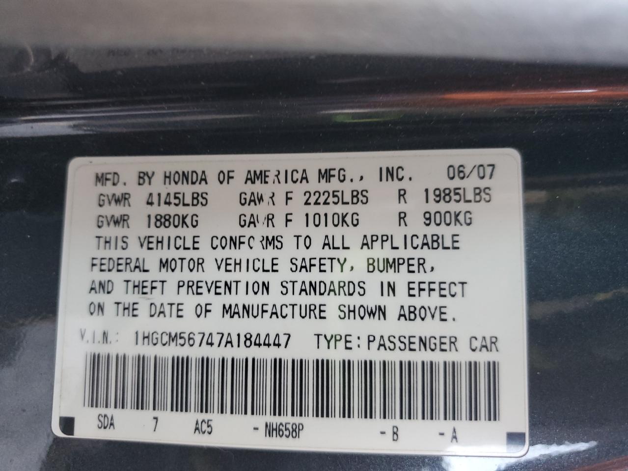 2007 Honda Accord Ex VIN: 1HGCM56747A184447 Lot: 85308375