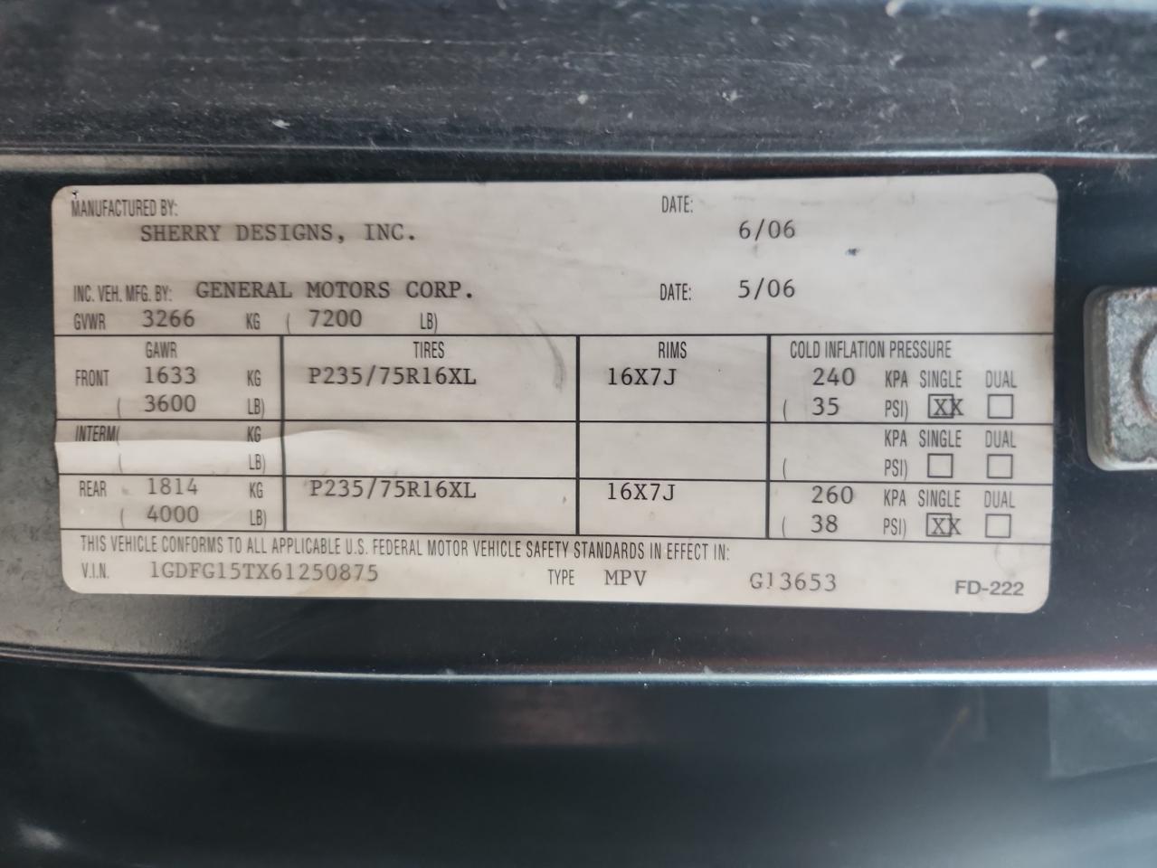 2006 GMC Savana Rv G1500 VIN: 1GDFG15TX61250875 Lot: 81947465