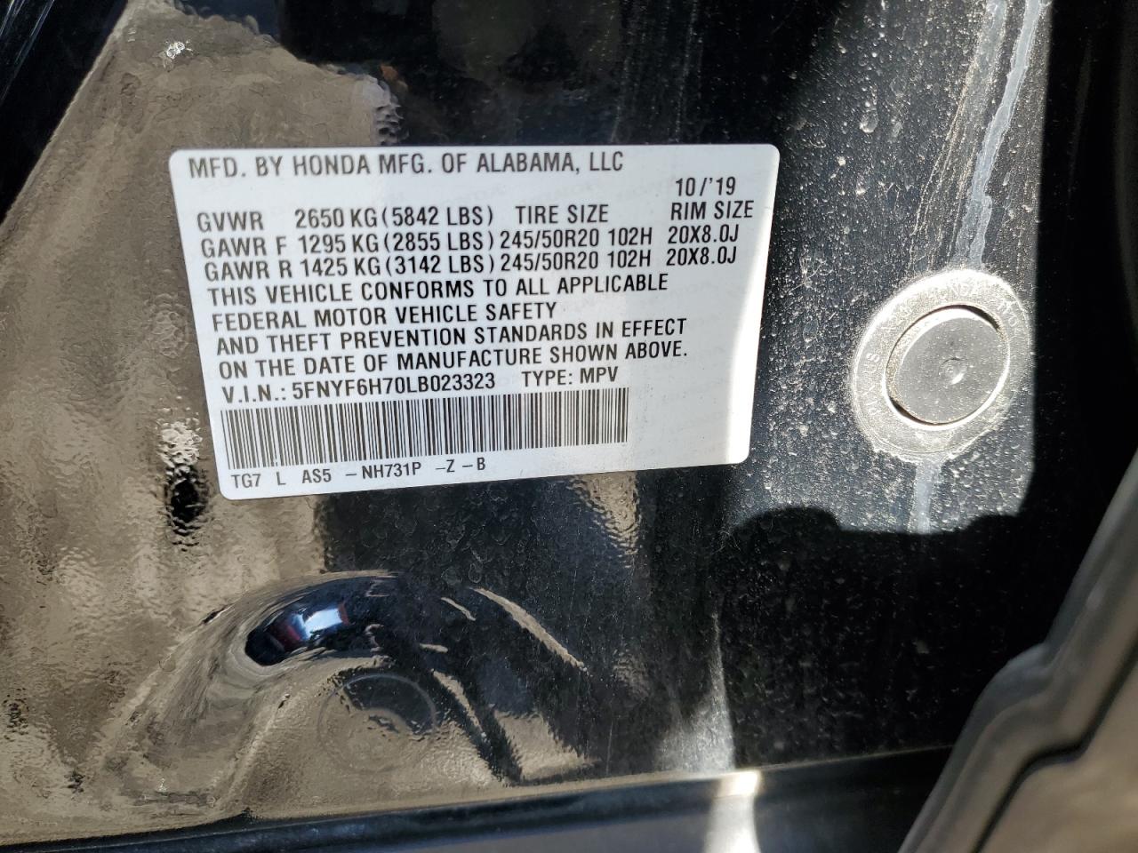 2020 Honda Pilot Black VIN: 5FNYF6H70LB023323 Lot: 82724585