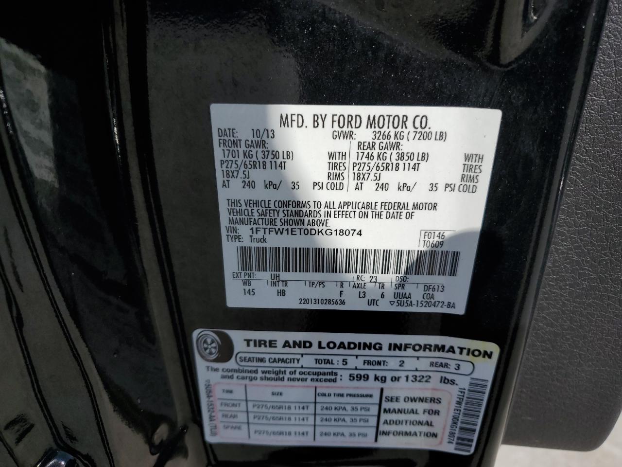 2013 Ford F150 Supercrew VIN: 1FTFW1ET0DKG18074 Lot: 86106635