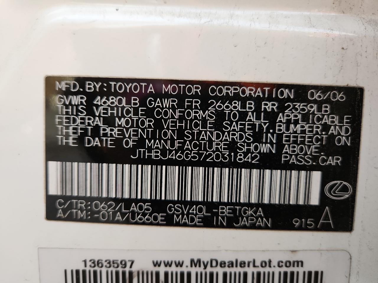 2007 Lexus Es 350 VIN: JTHBJ46G572031842 Lot: 85383825