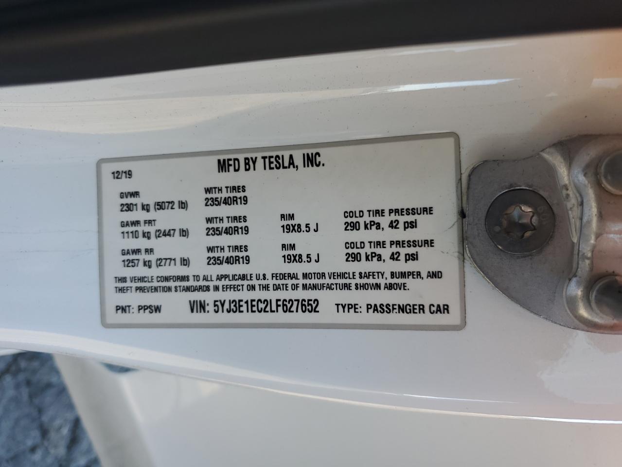 2020 Tesla Model 3 VIN: 5YJ3E1EC2LF627652 Lot: 86480665