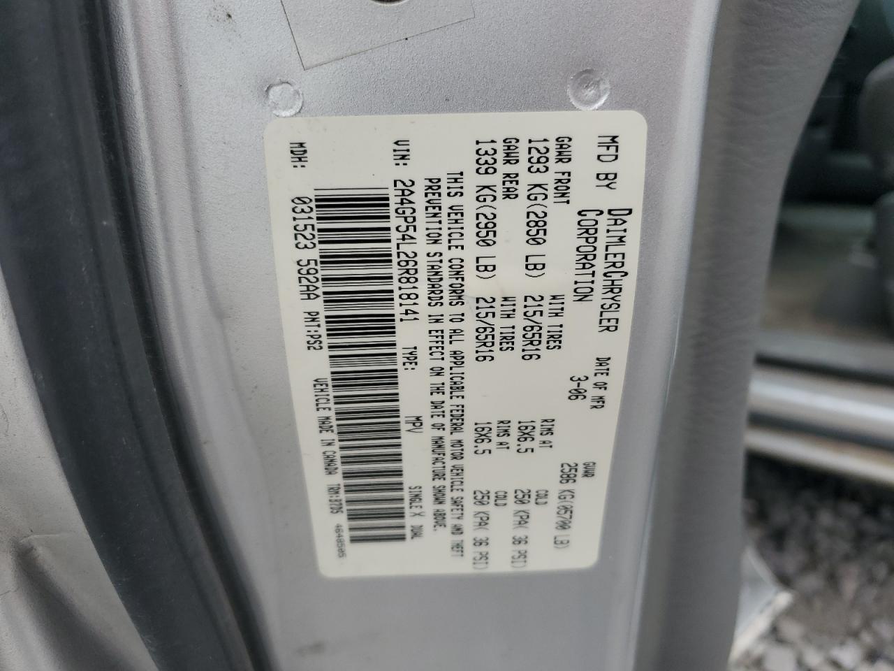 2006 Chrysler Town & Country Touring VIN: 2A4GP54L26R818141 Lot: 85357555