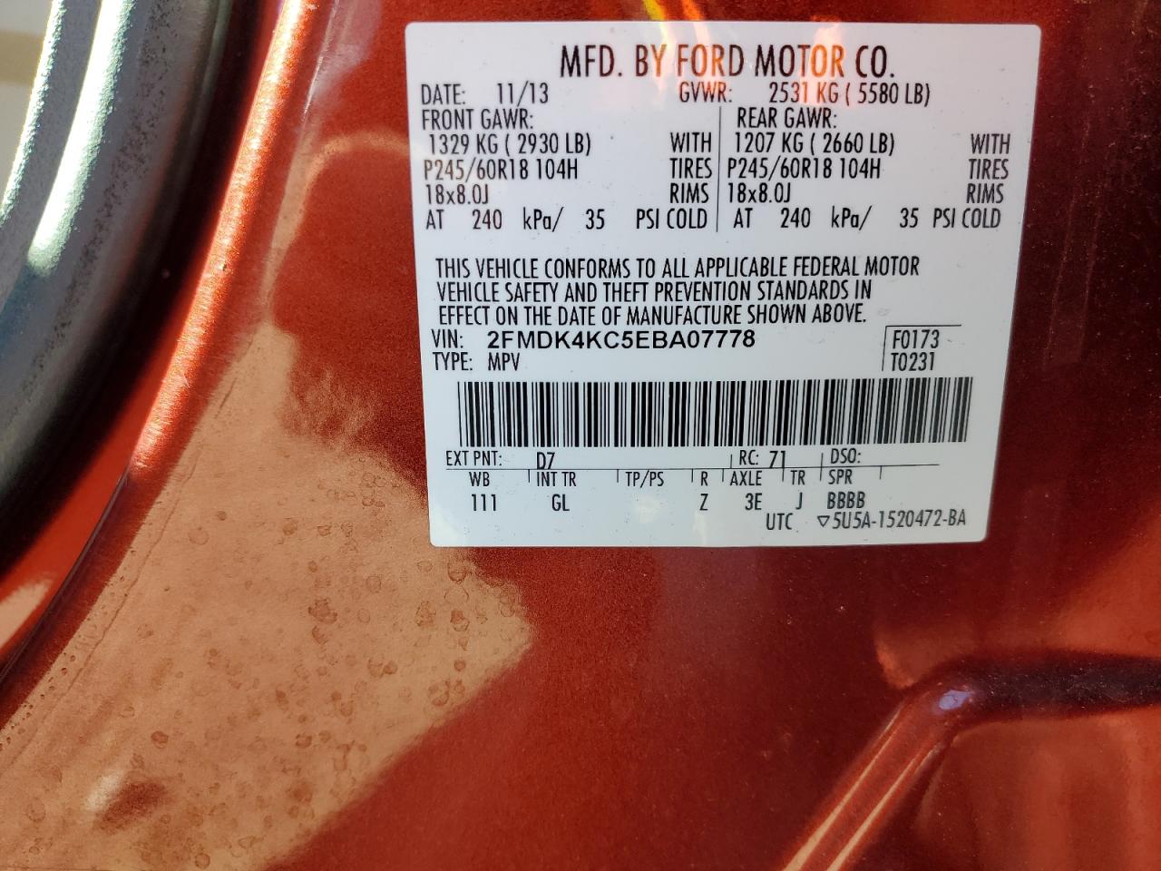 2014 Ford Edge Limited VIN: 2FMDK4KC5EBA07778 Lot: 81997985