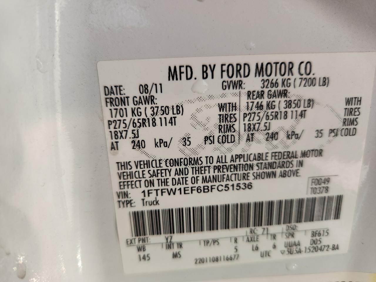 2011 Ford F150 Supercrew VIN: 1FTFW1EF6BFC51536 Lot: 86714485