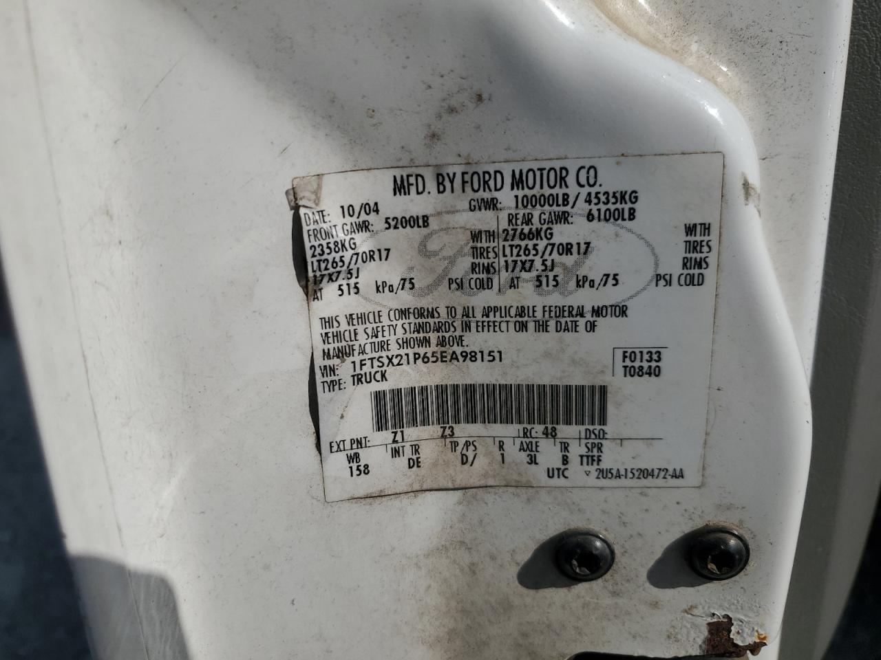 2005 Ford F250 Super Duty VIN: 1FTSX21P65EA98151 Lot: 86106915