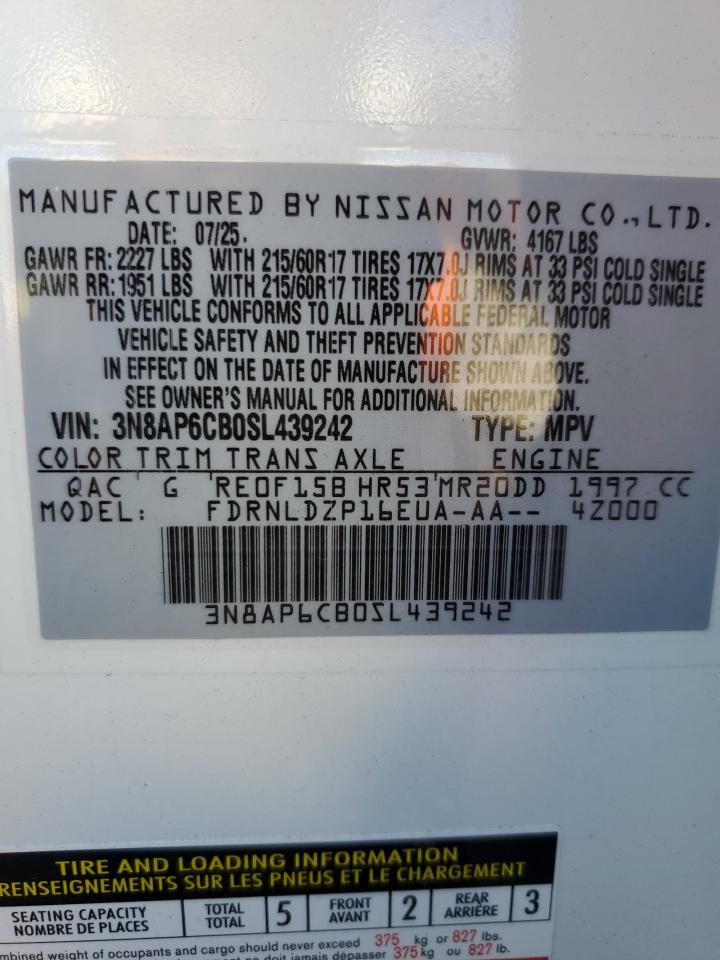 2025 Nissan Kicks Sv VIN: 3N8AP6CB0SL439242 Lot: 85320445