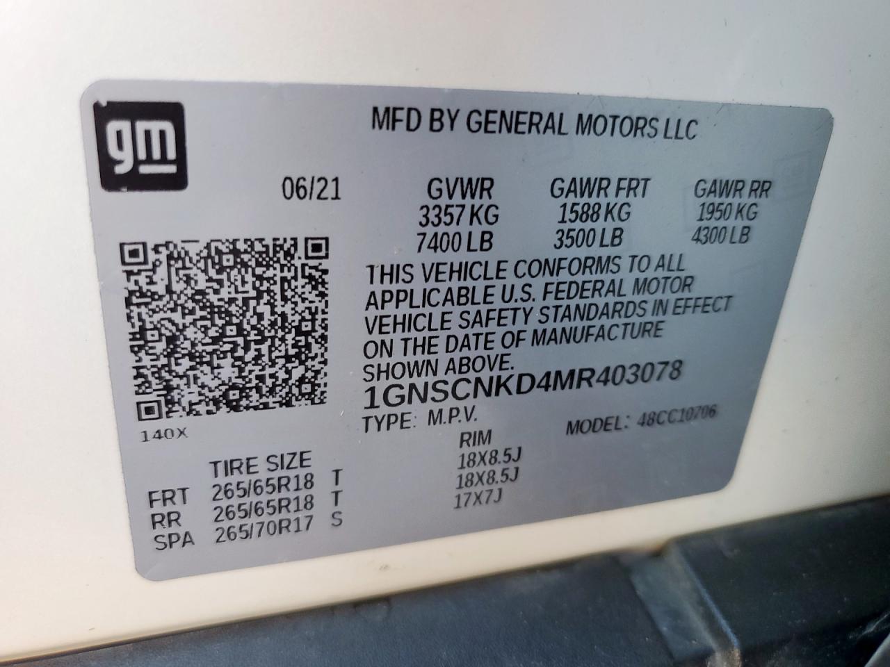 2021 Chevrolet Tahoe C1500 Lt VIN: 1GNSCNKD4MR403078 Lot: 85381265