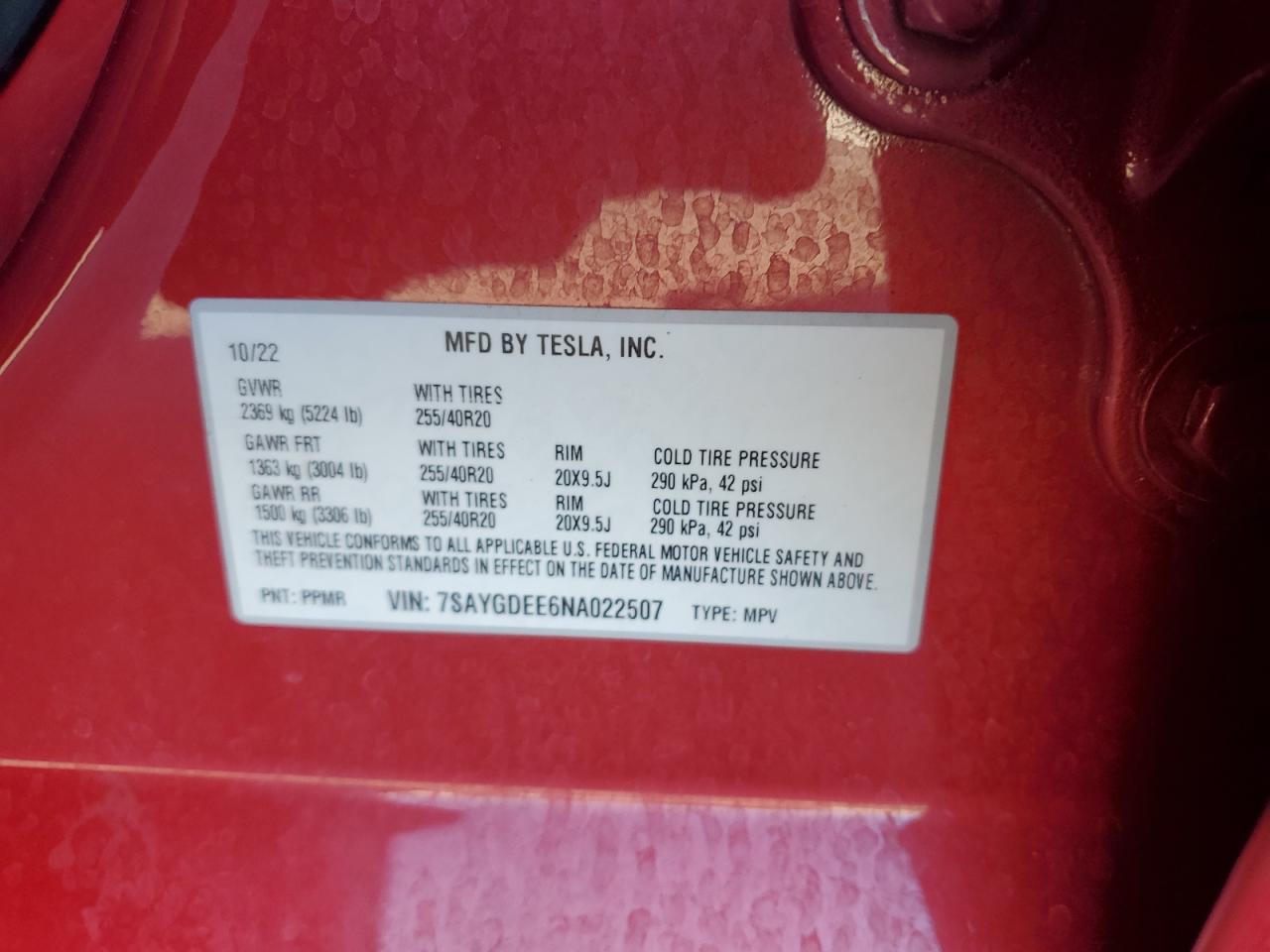 2022 Tesla Model Y VIN: 7SAYGDEE6NA022507 Lot: 86846985