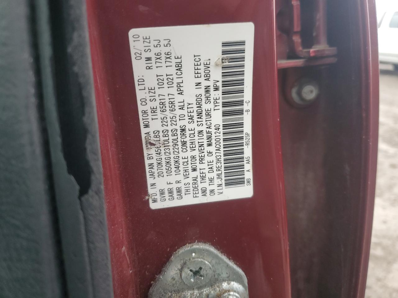 2010 Honda Cr-V Lx VIN: JHLRE3H37AC001240 Lot: 86700065